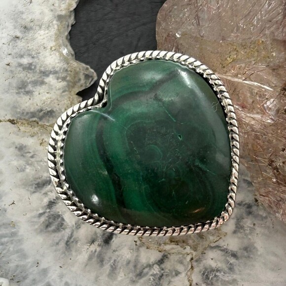 Sterling Silver Southwestern Style Malachite Heart Shape Ring Size 10 For Women - Picture 1 of 10